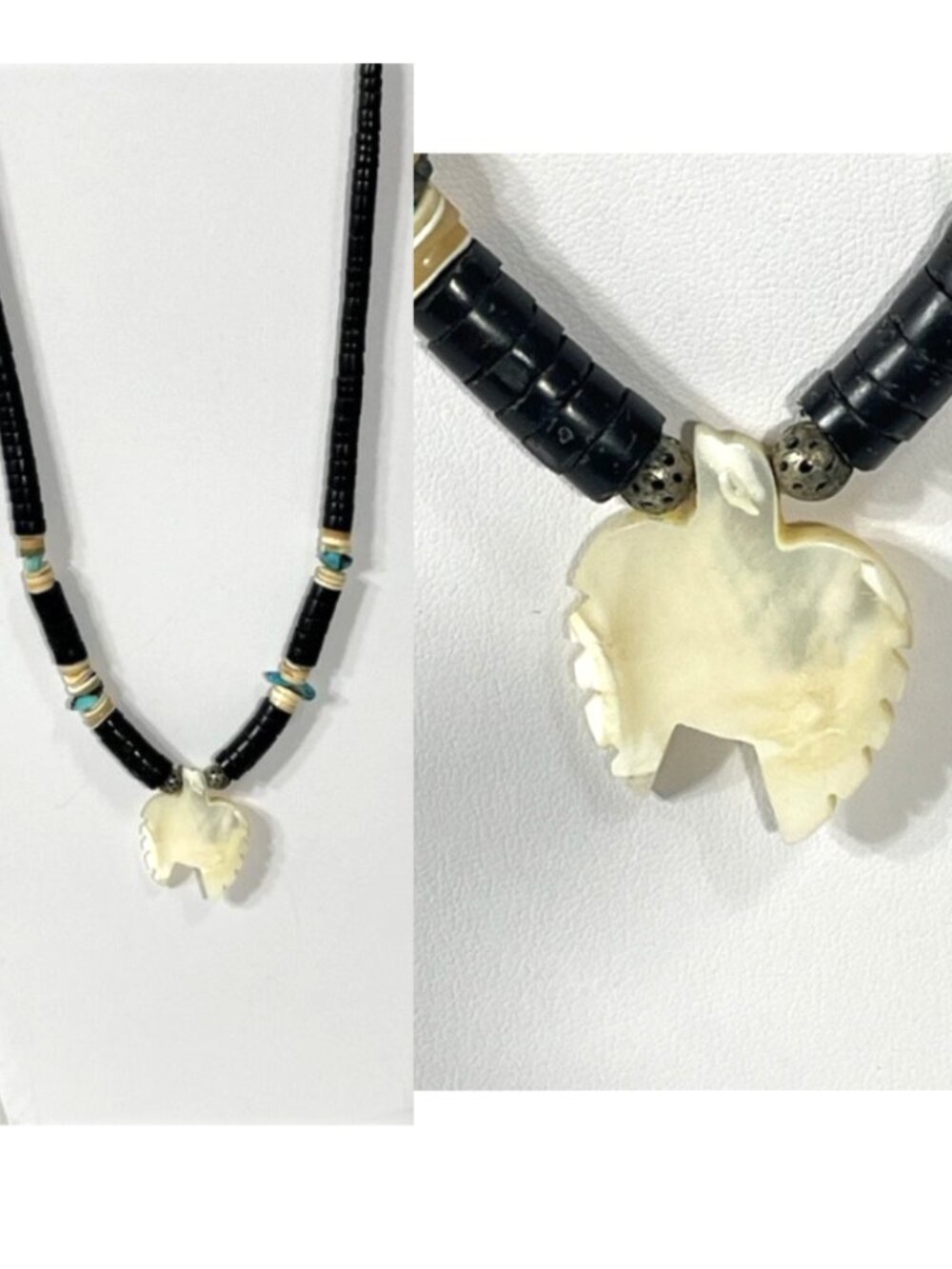 1970's shell, jet and turquoise graduated heishi necklace with pendant.